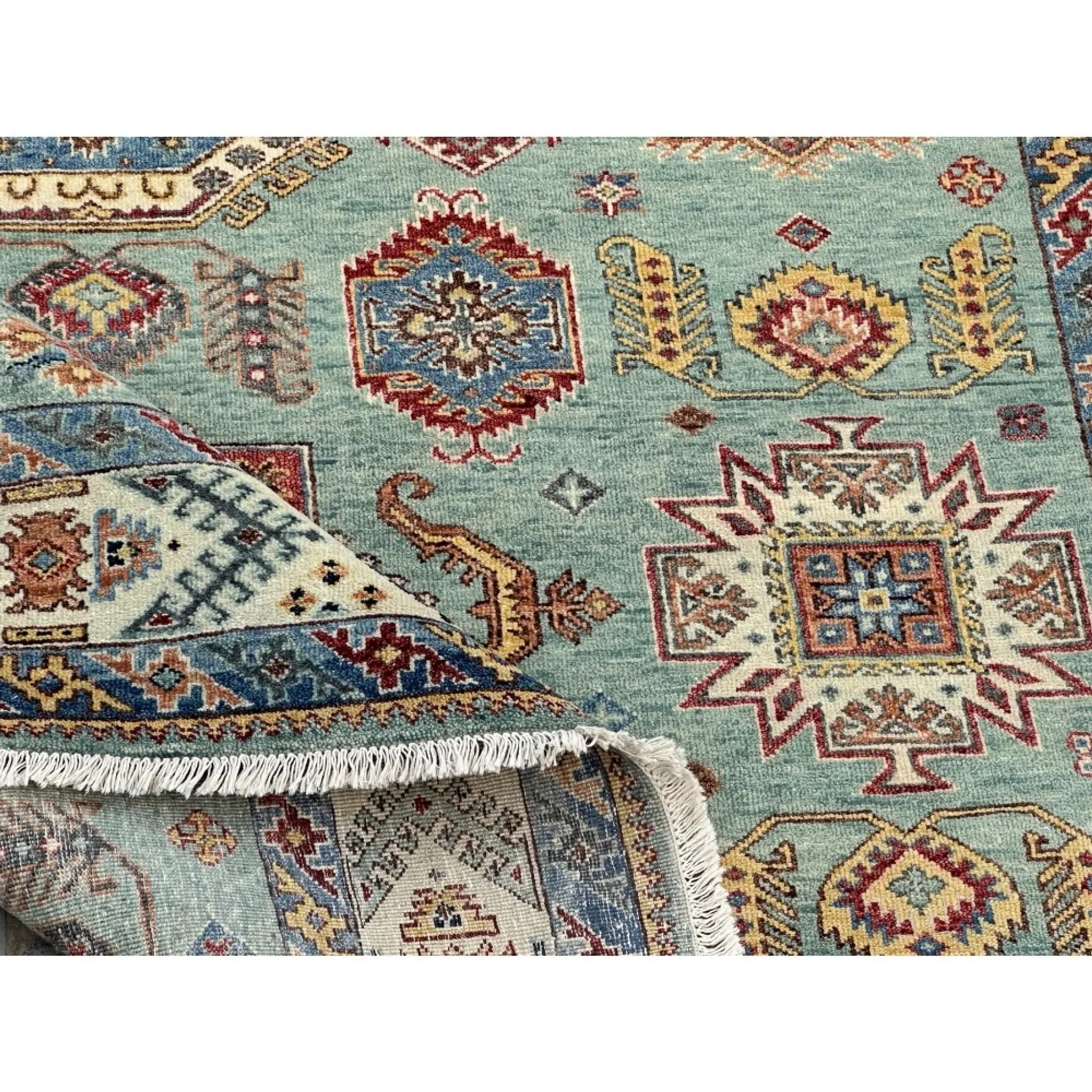 Contemporary Handmade Wool Area Rug, Turquoise Geometric Pattern Carpet for Living Room