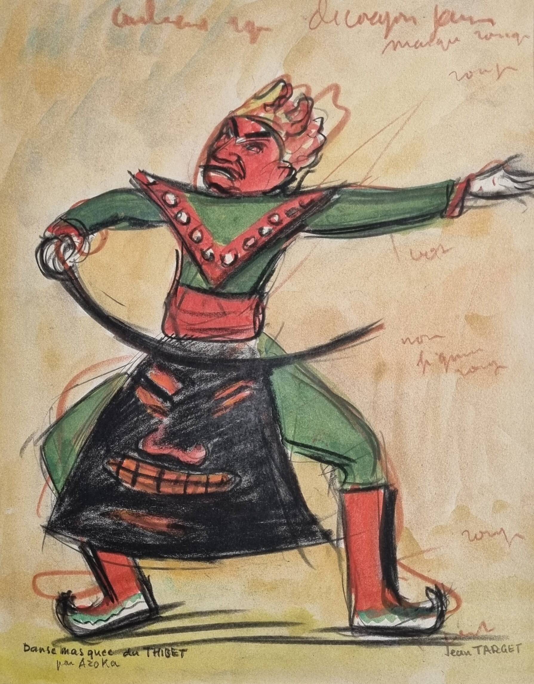 Original pastel signed by Jean Target – Masked dance in Tibet, 30 x 40 cm