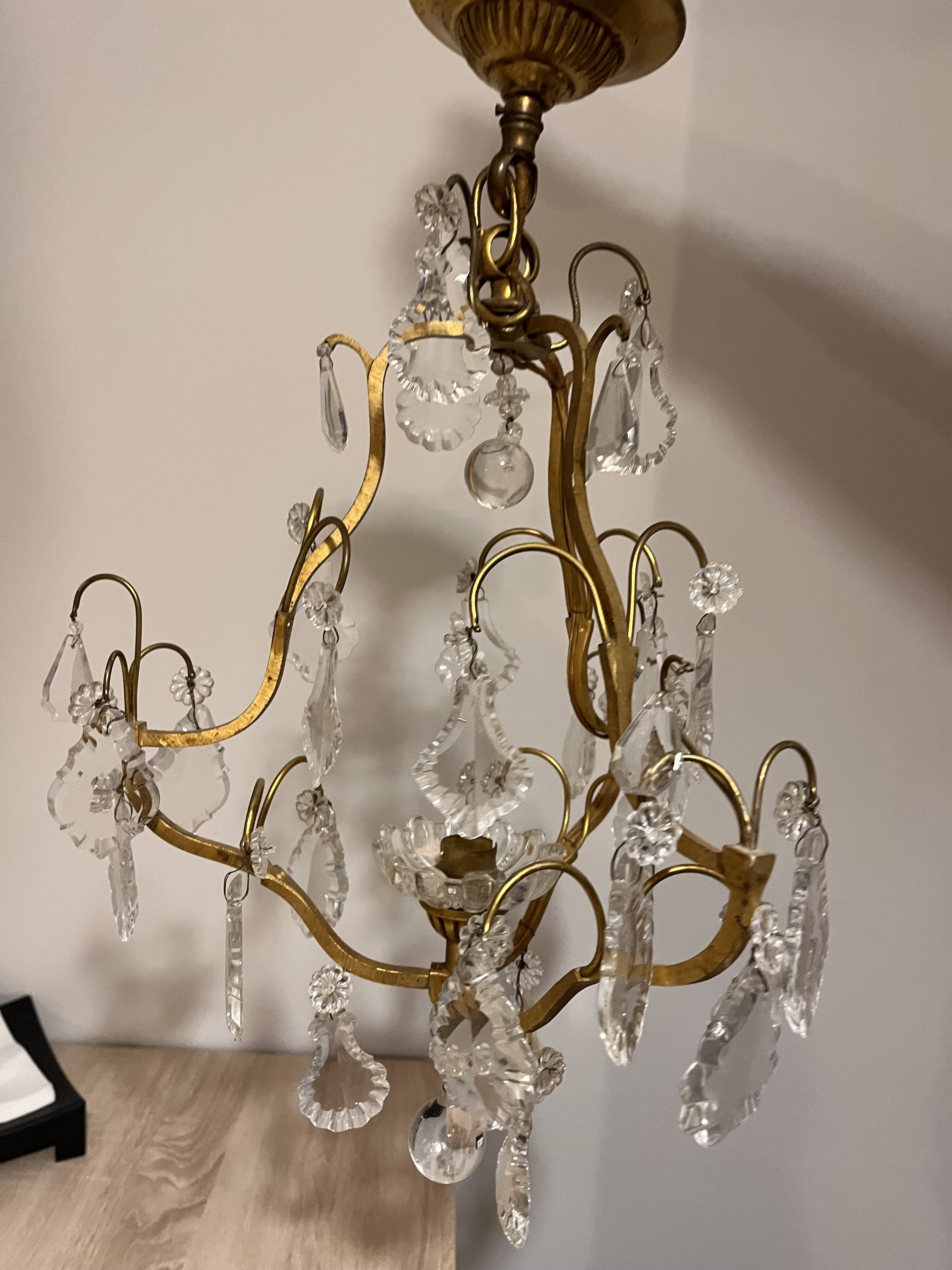 Vintage Czechoslovak brass chandelier with pendants – Bohemian crystal