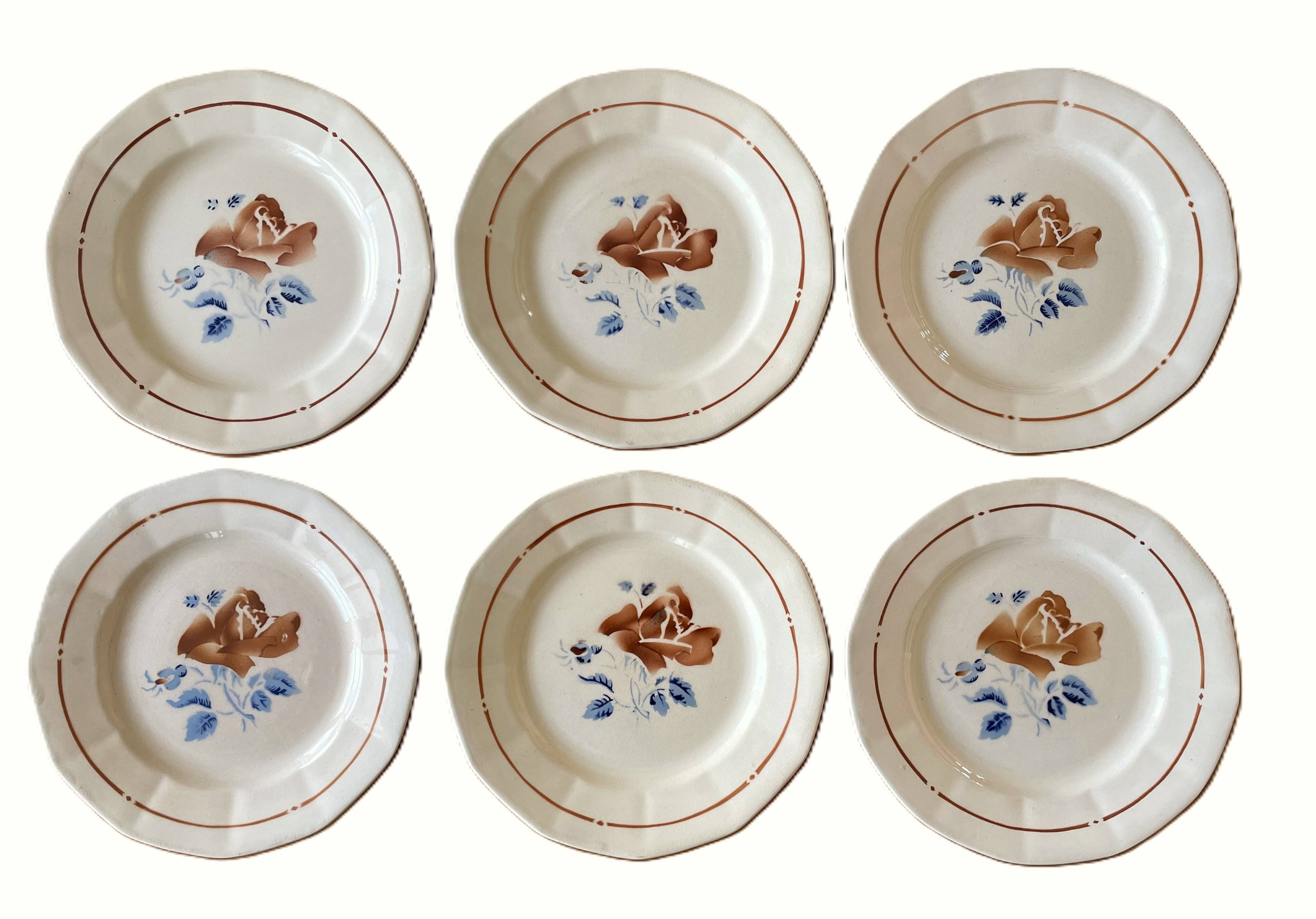 6 antique flat plates in Sarreguemines earthenware