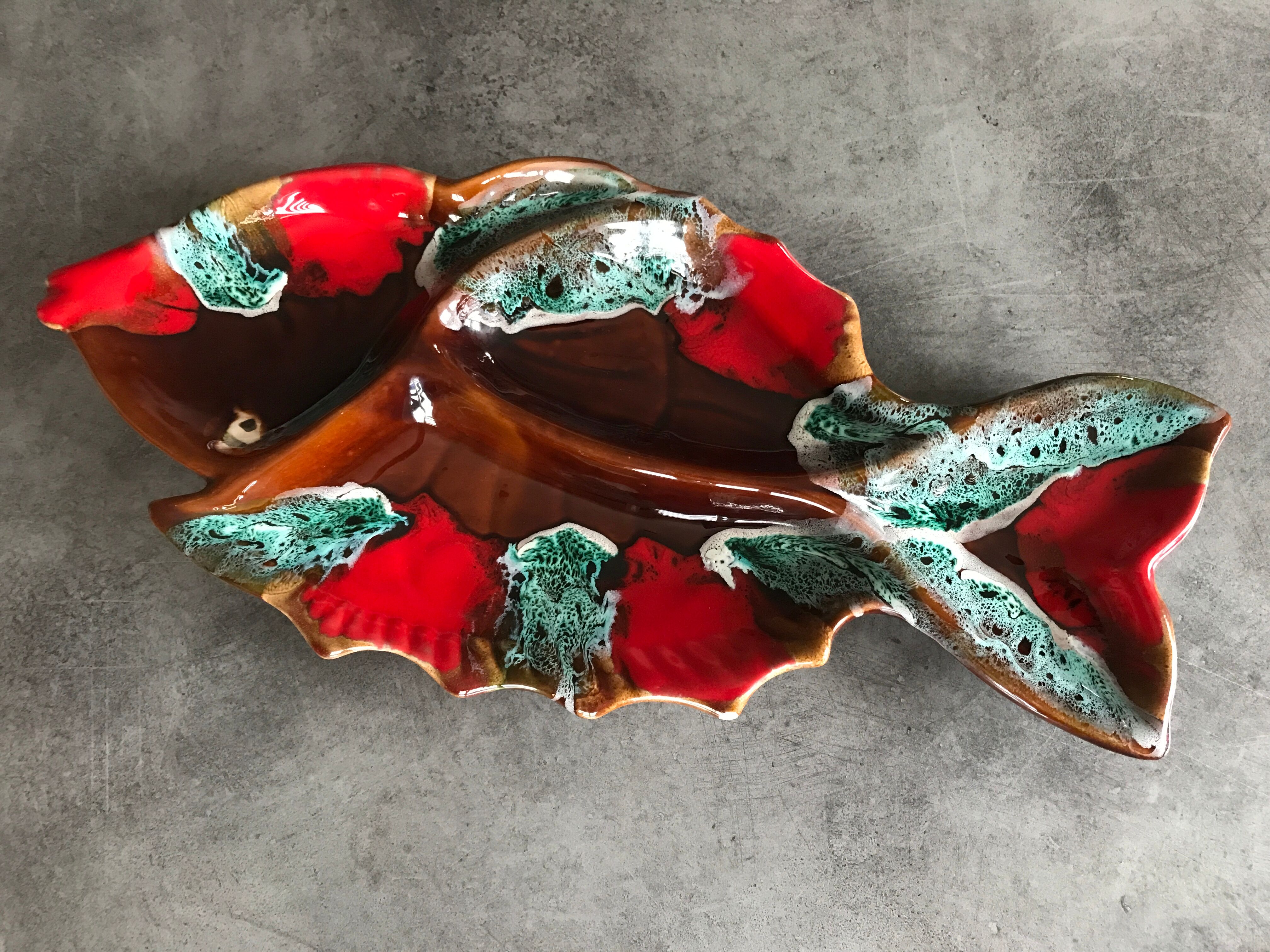Vallauris compartmentalized dish fish shape polychrome ceramic 47 cm