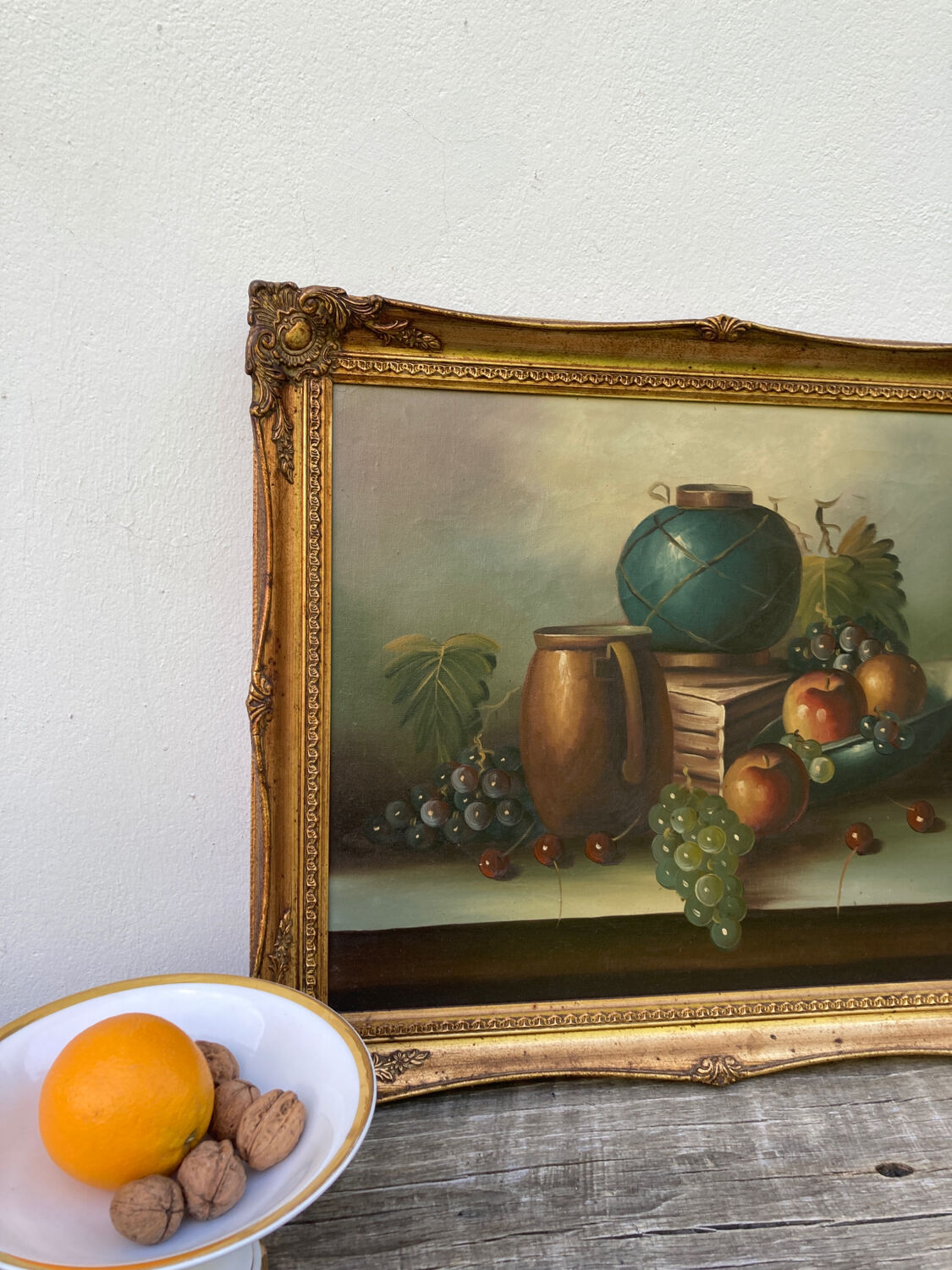 Painting on canvas still life old gilded wood frame / vintage fruit painting grape apple vase and jug
