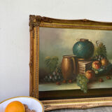 Painting on canvas still life old gilded wood frame / vintage fruit painting grape apple vase and jug