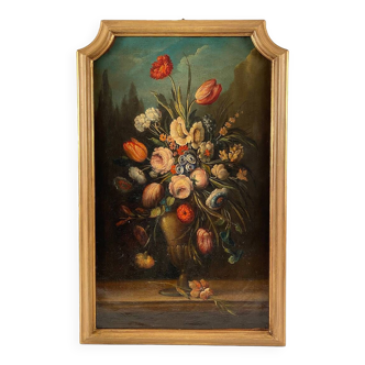 Nature morte au bouquet de fleurs. Ecole italienne XXe dans le goût du XVIIe, huile sur toile