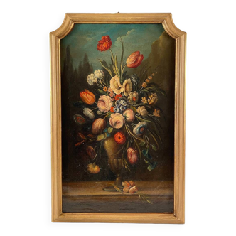 Still life with a bouquet of flowers. 20th century Italian school in the style of the 17th century, oil on canvas