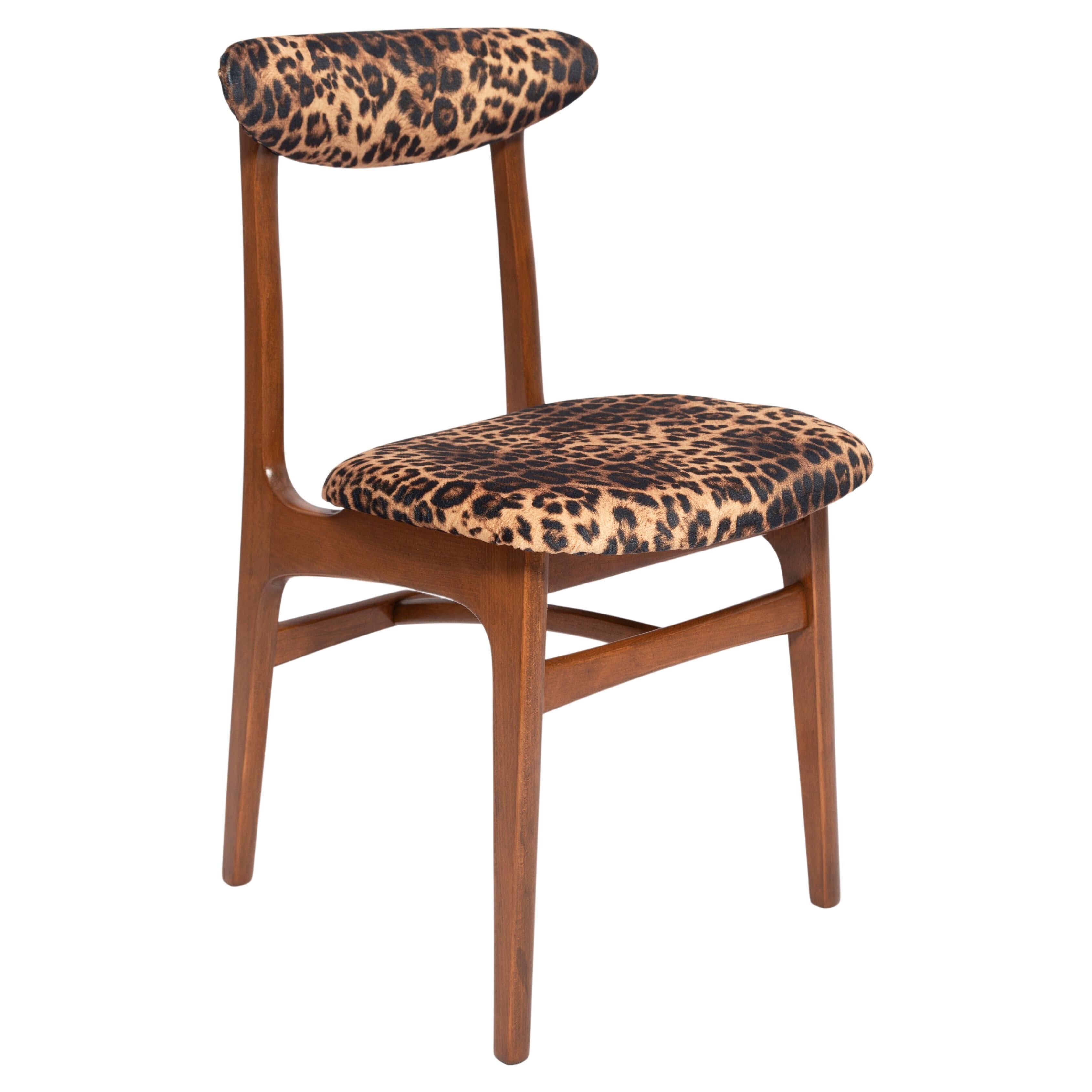 Mid-century leopard velvet chair, walnut wood, Rajmund Halas, Poland, 1960s