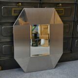 Miroir design en acier inoxydable brossé et chromé, verre biseauté 1970's
