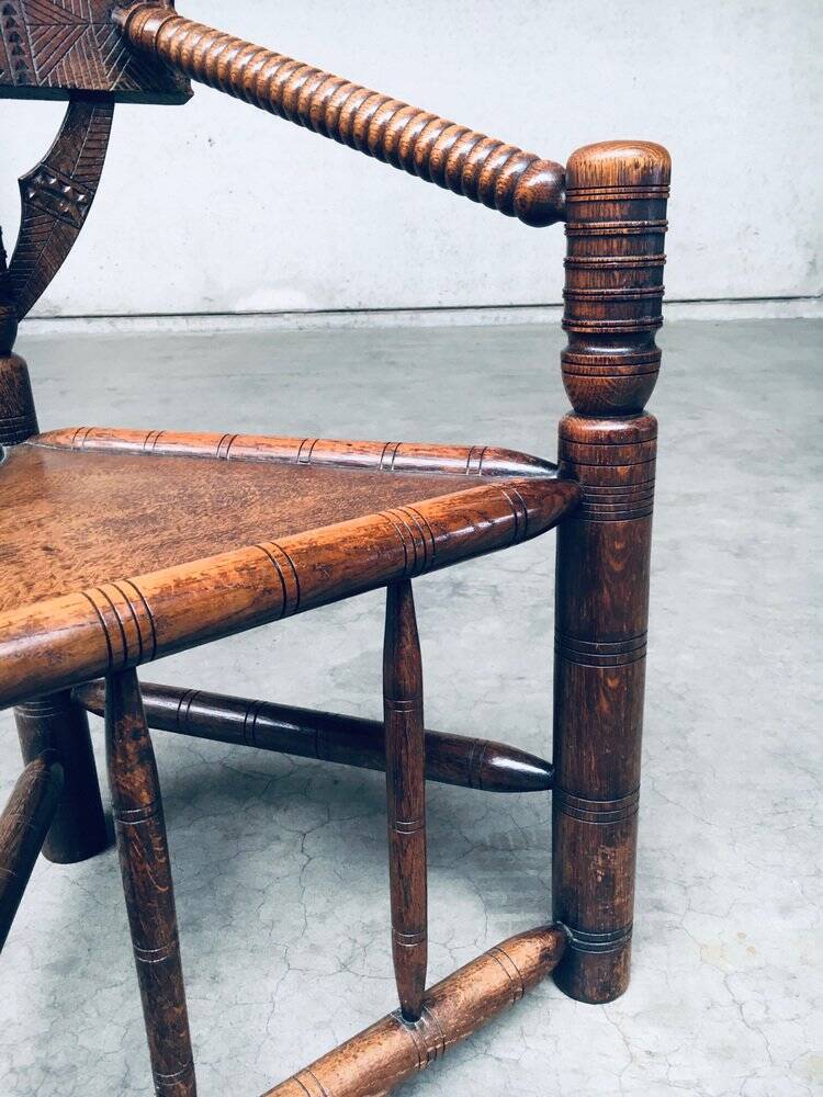 Brutalist Carved Oak Tripod Monk Chair, Sweden, 1930s