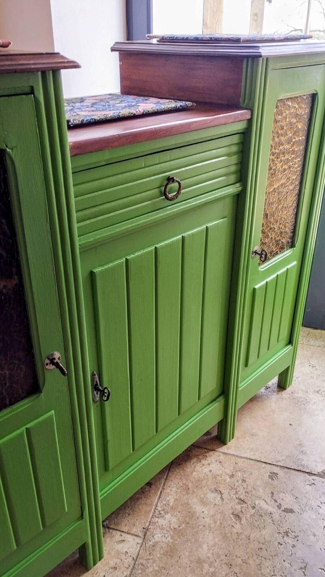 Art Deco Gin Buffet, painted in Farrow and Ball with a William Morris-inspired interior