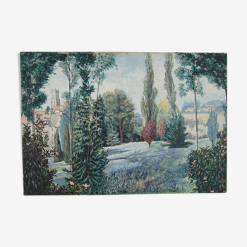Vue champêtre et du village - huile sur toile signée en bas à droite Ecole Française XXème