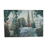 Vue champêtre et du village - huile sur toile signée en bas à droite Ecole Française XXème