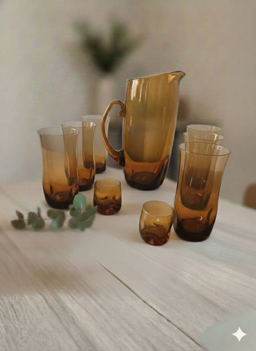Service de Verres Vintage Ambrés (Carafe + Gobelets) #PIMR