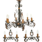 Large chandelier set and 2 appliques, Poillerat, 1950