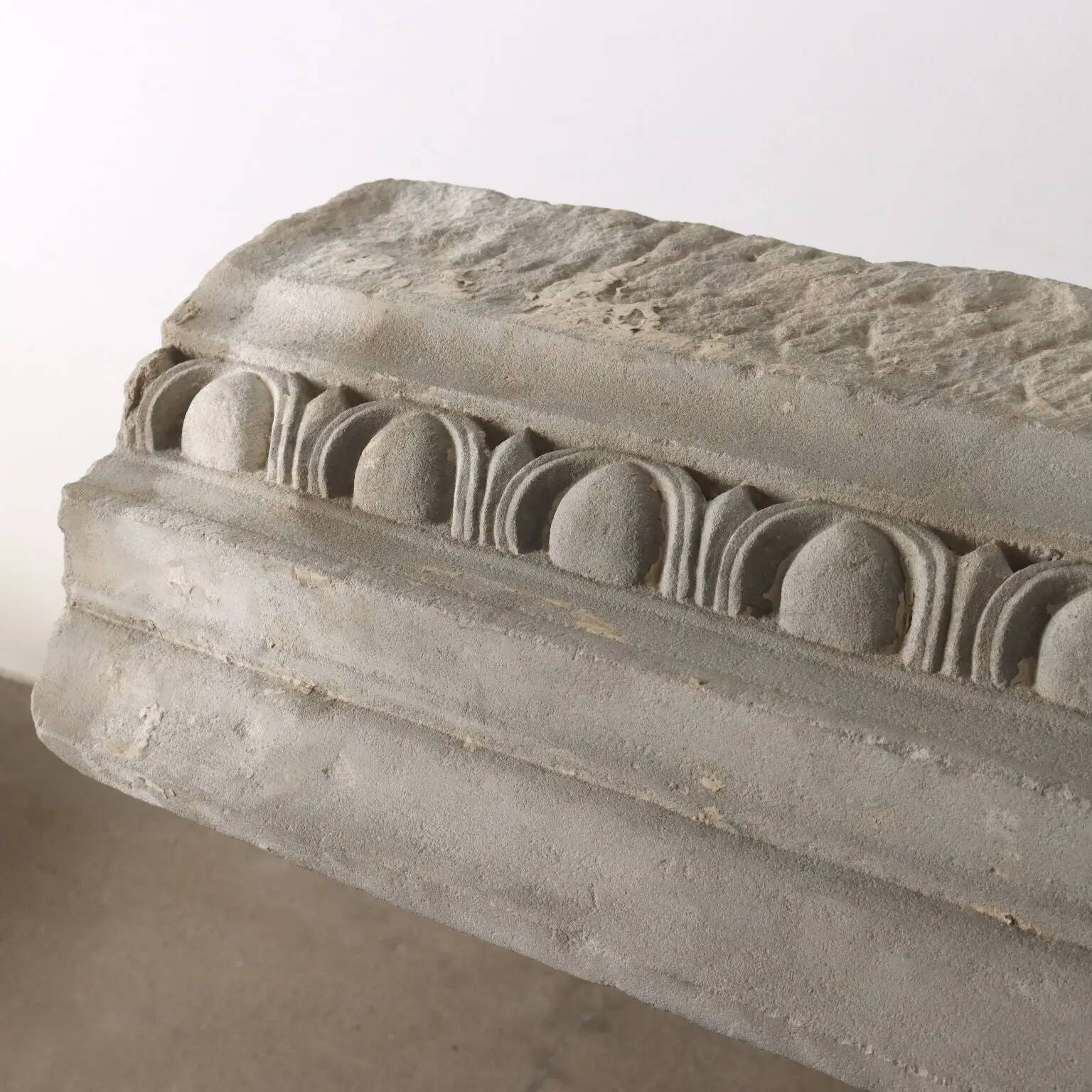 Ancient Renaissance fireplace lintel in pietra serena stone, 15th century.