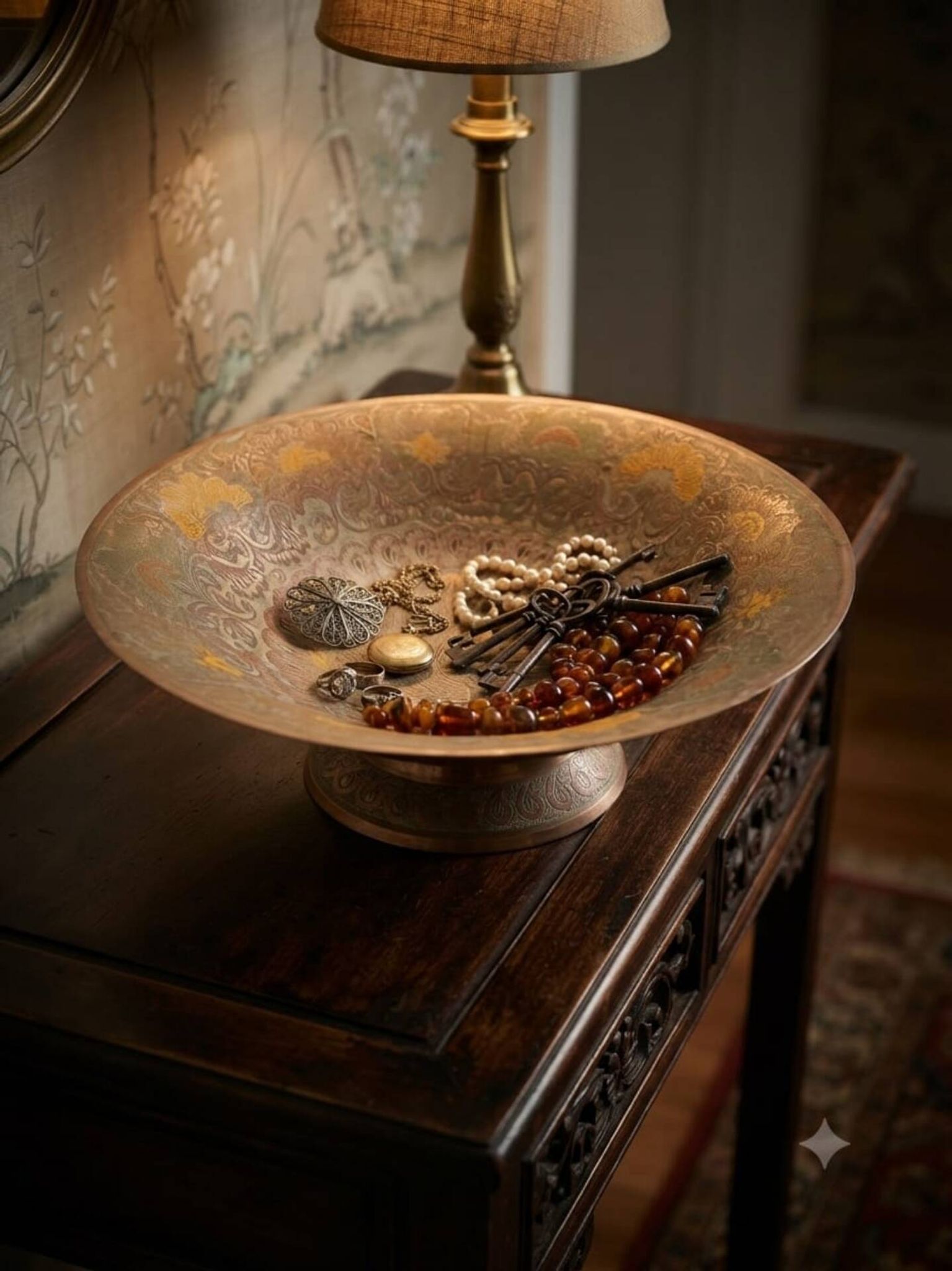 Cup on Pedestal / Vintage Bowl in Chiseled Brass — Peacock Pattern