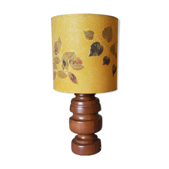 Lampe à poser vintage en bois massif et son abat-jour herbier