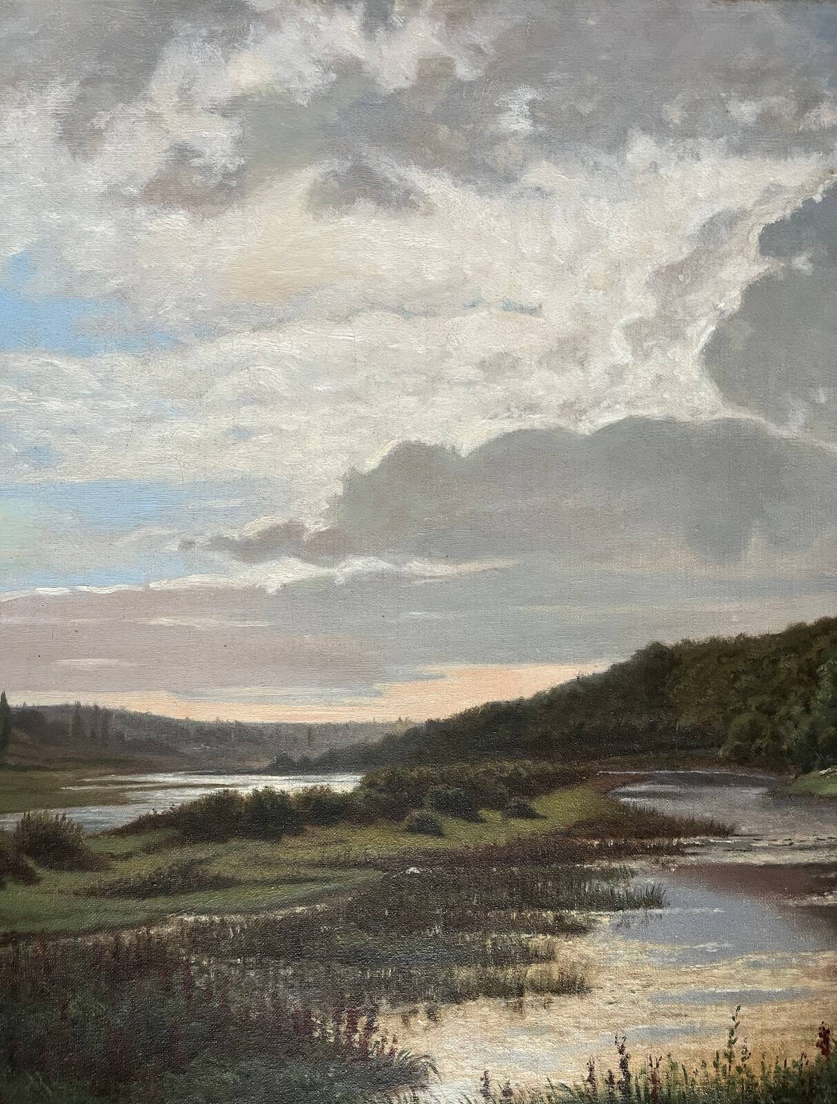 Large painting dated 1872 "Landscape with village by the river" signed