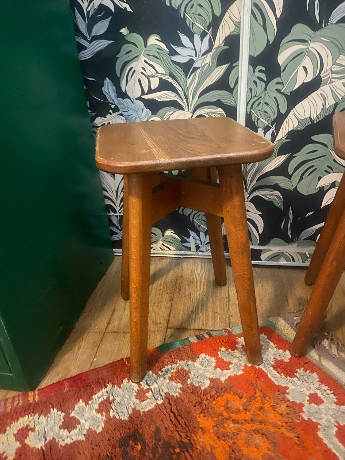 Pair of brutalist solid oak stools