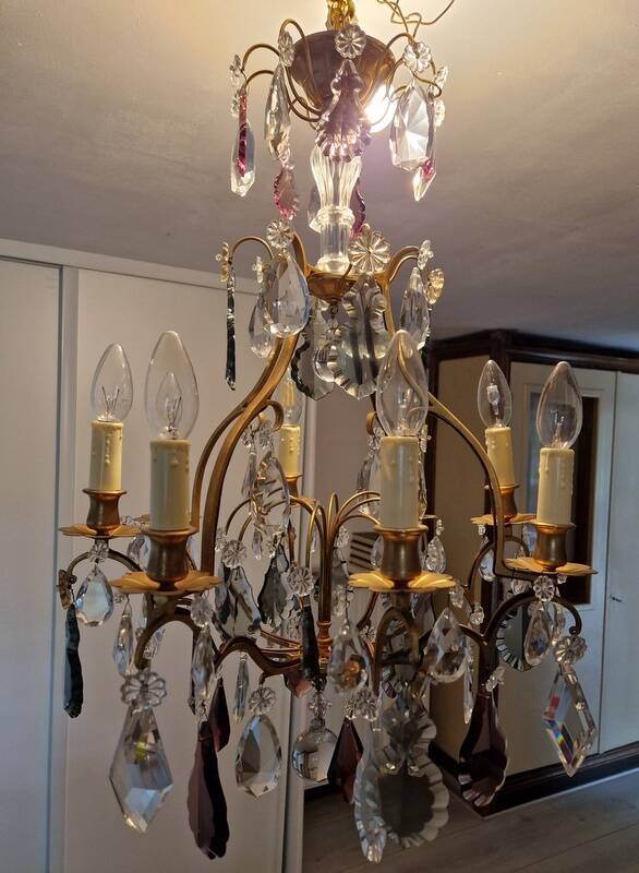 Brass cage chandelier and crystal pendants with 8 lights and 79 pendants