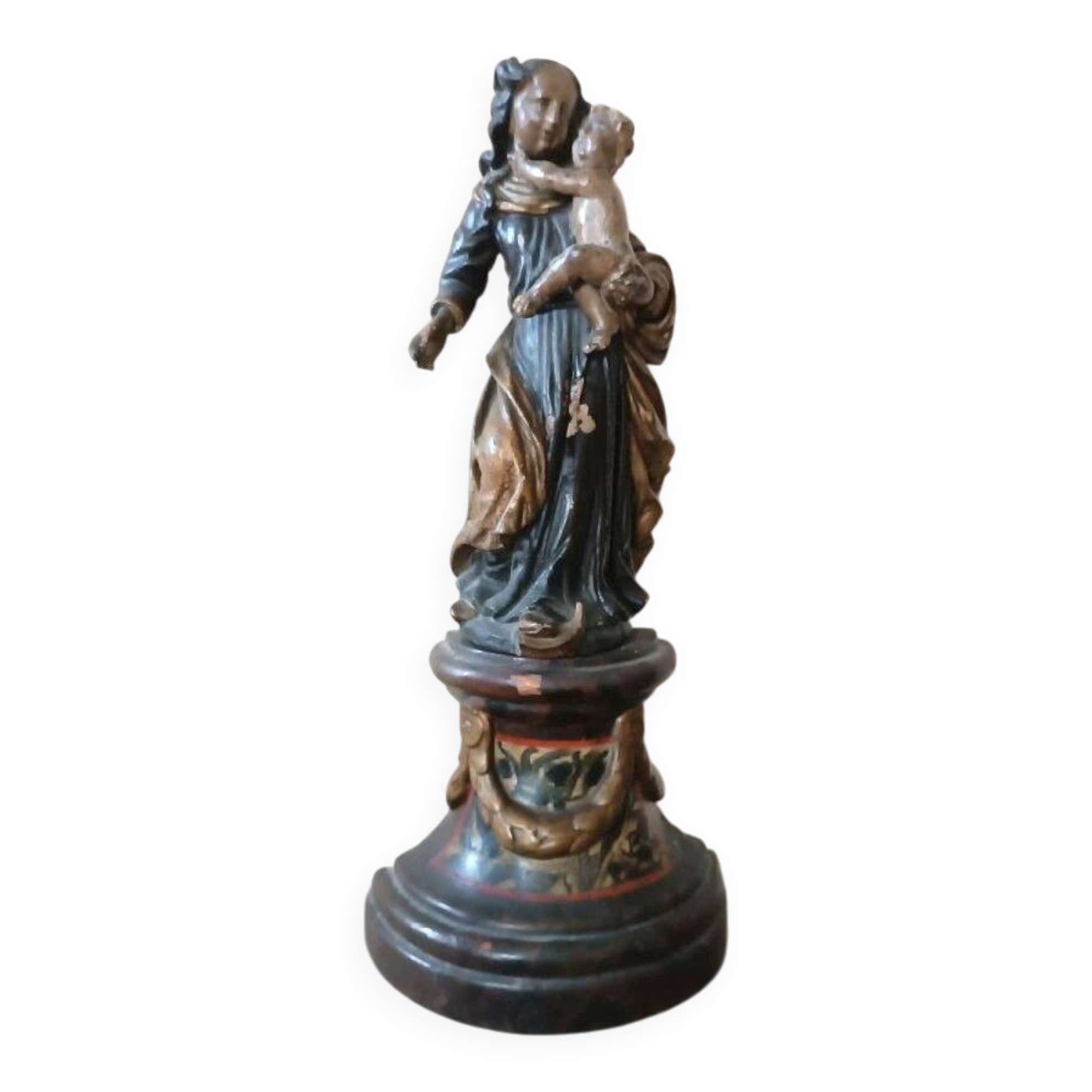 Ancient polychrome wooden sculpture representing the Virgin and Child, from