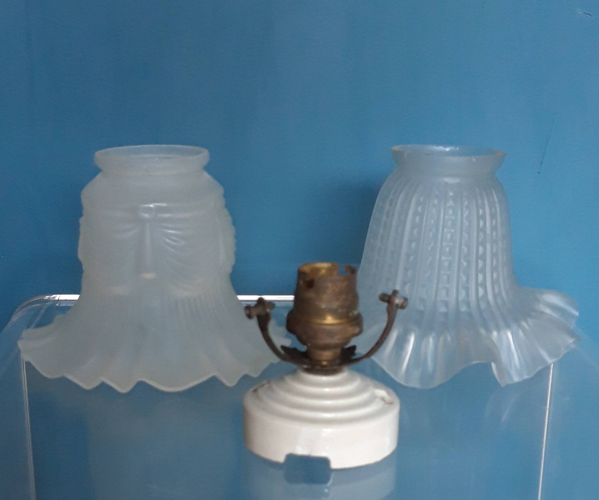 Pair of Art Nouveau 1900 frosted glass ceiling lights and their base