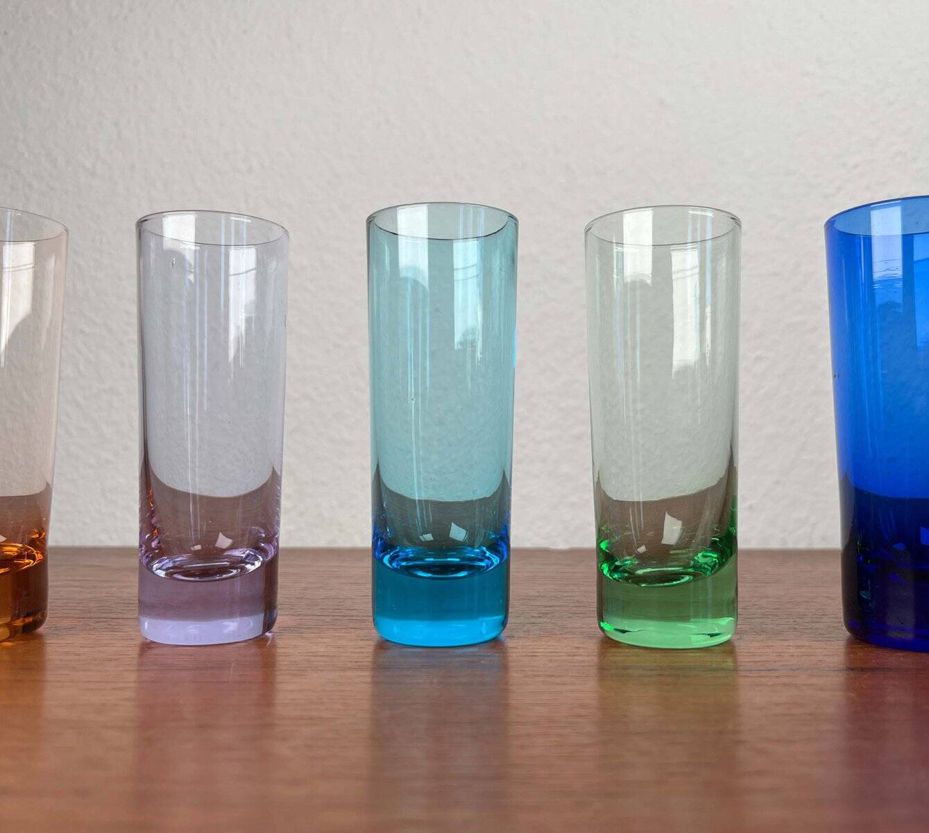 Coloured German shot glasses from the mid-century, 1960s, set of 6.