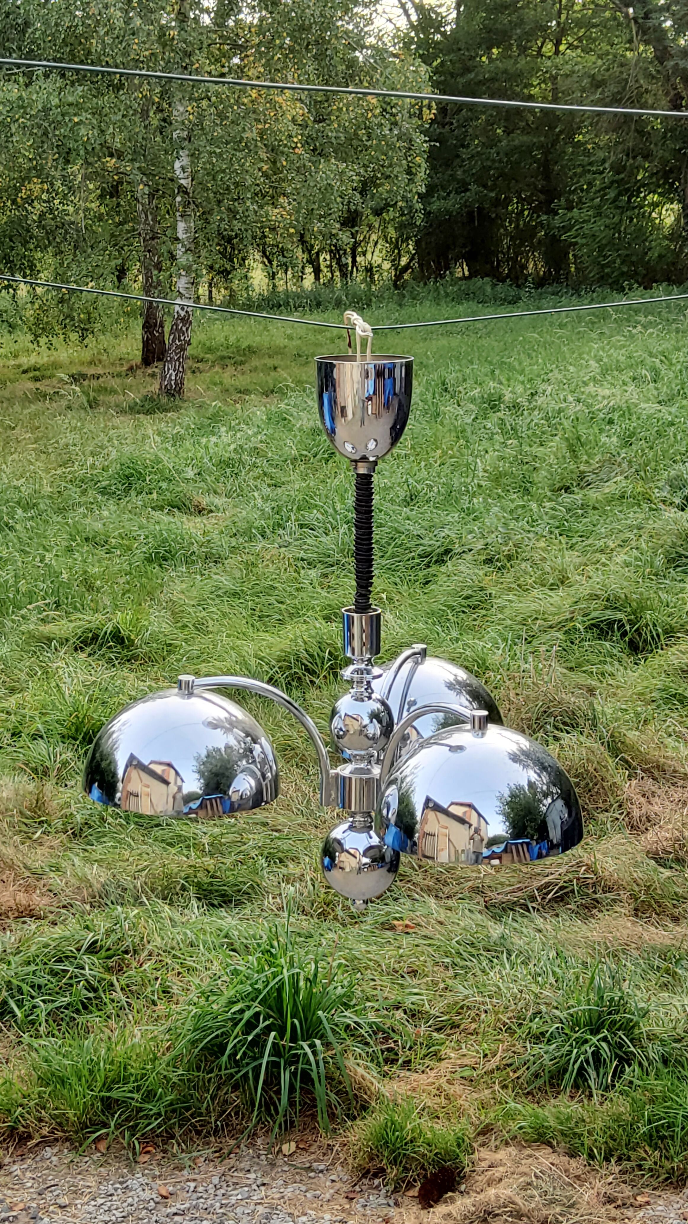 Italian design chandelier in chrome metal 3 lights Rolly 1973