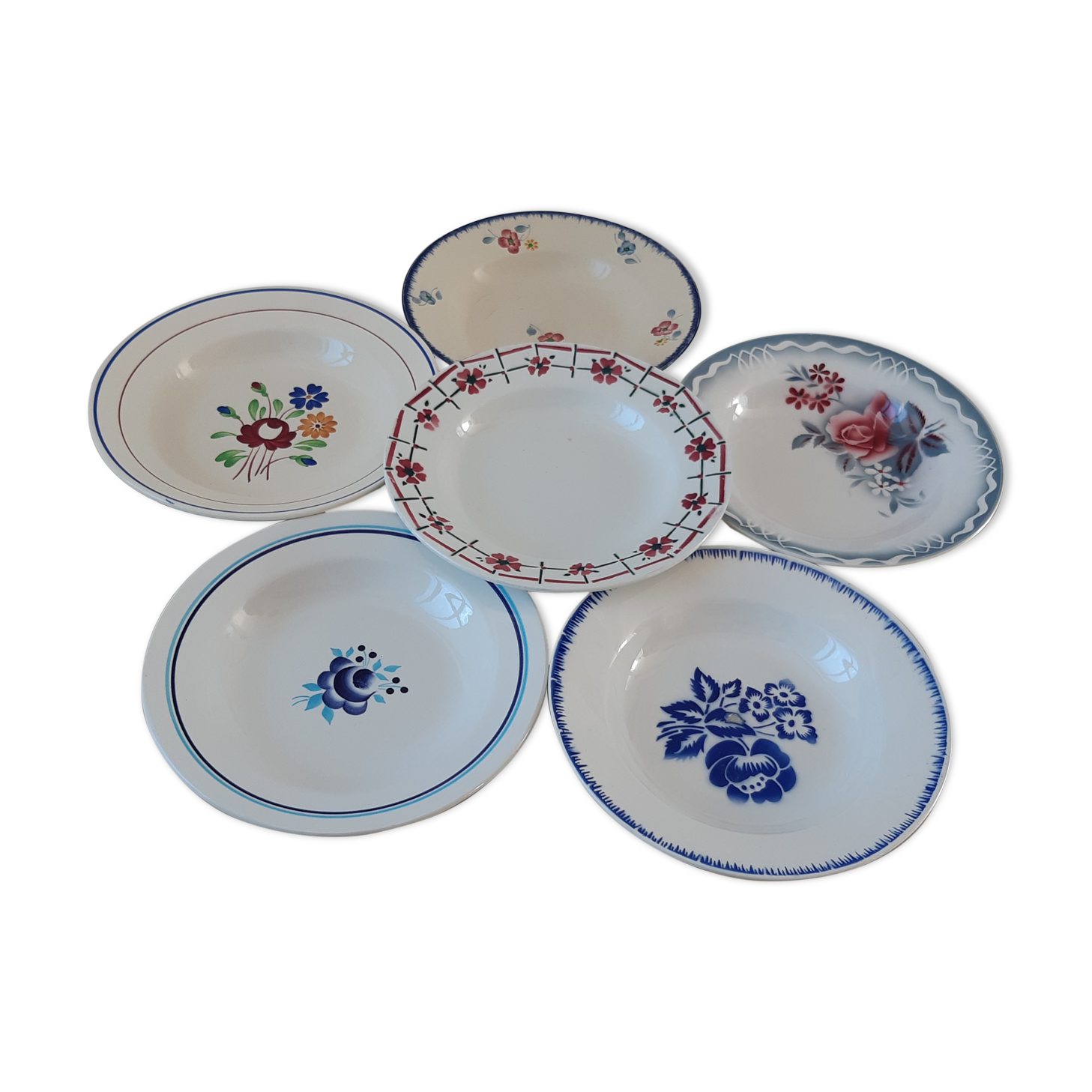 Lot de 6 assiettes creuses dépareillées Digoin, Luneville,  St Amand et  Moulin des loups