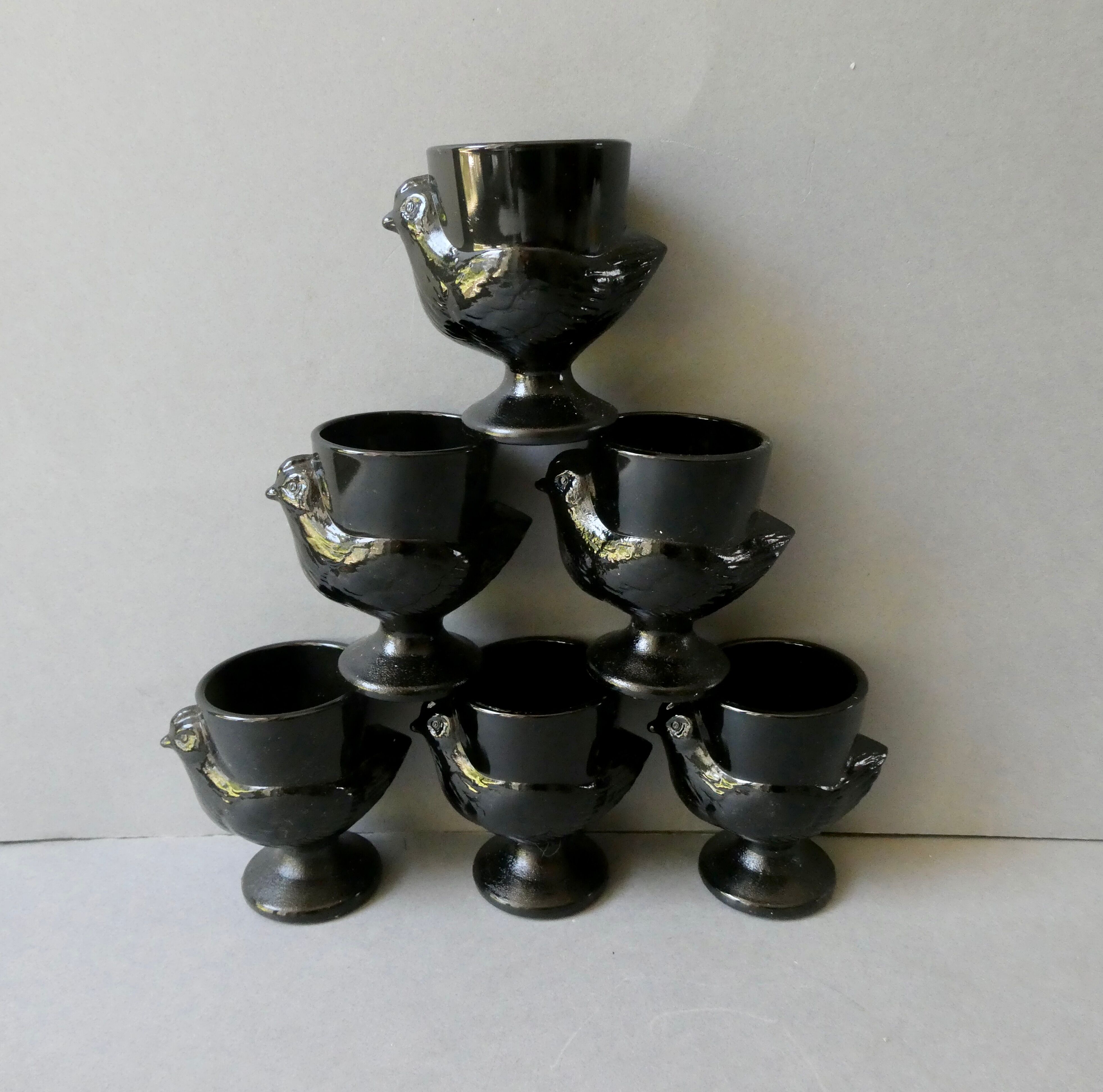 Set of 6 black opaline glass coquetiers, France, 70s