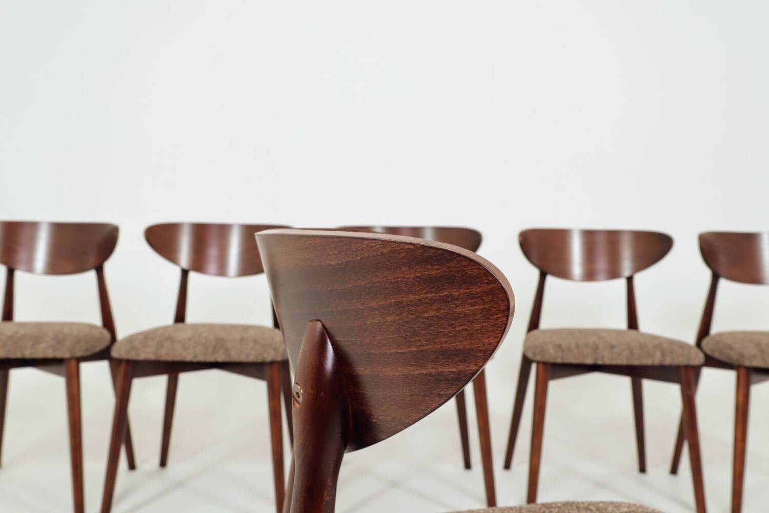 Scandinavian dining chairs in mocha brown, set of 6.
