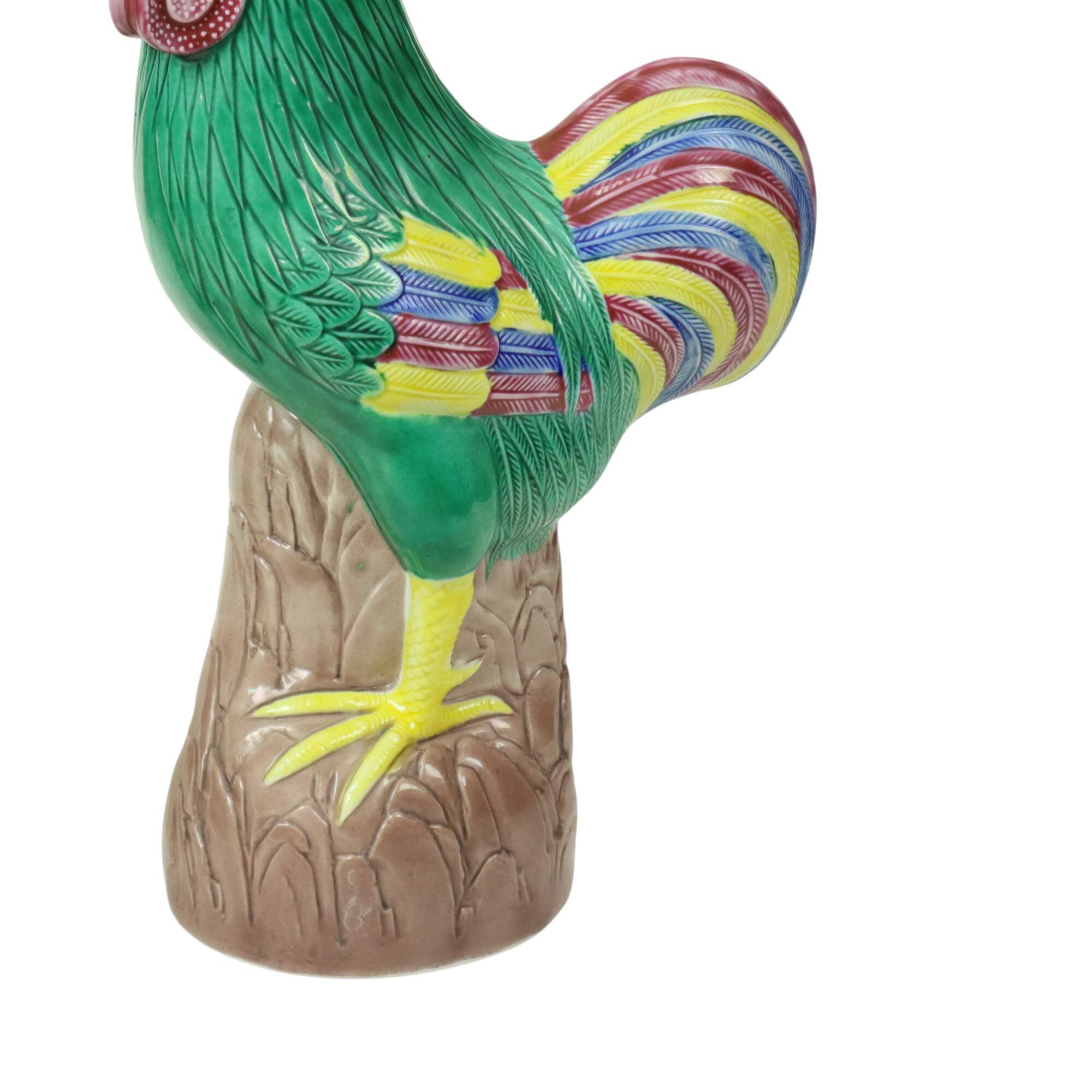 Pair of Glazed Polychrome Roosters Chinese Porcelain 34cm