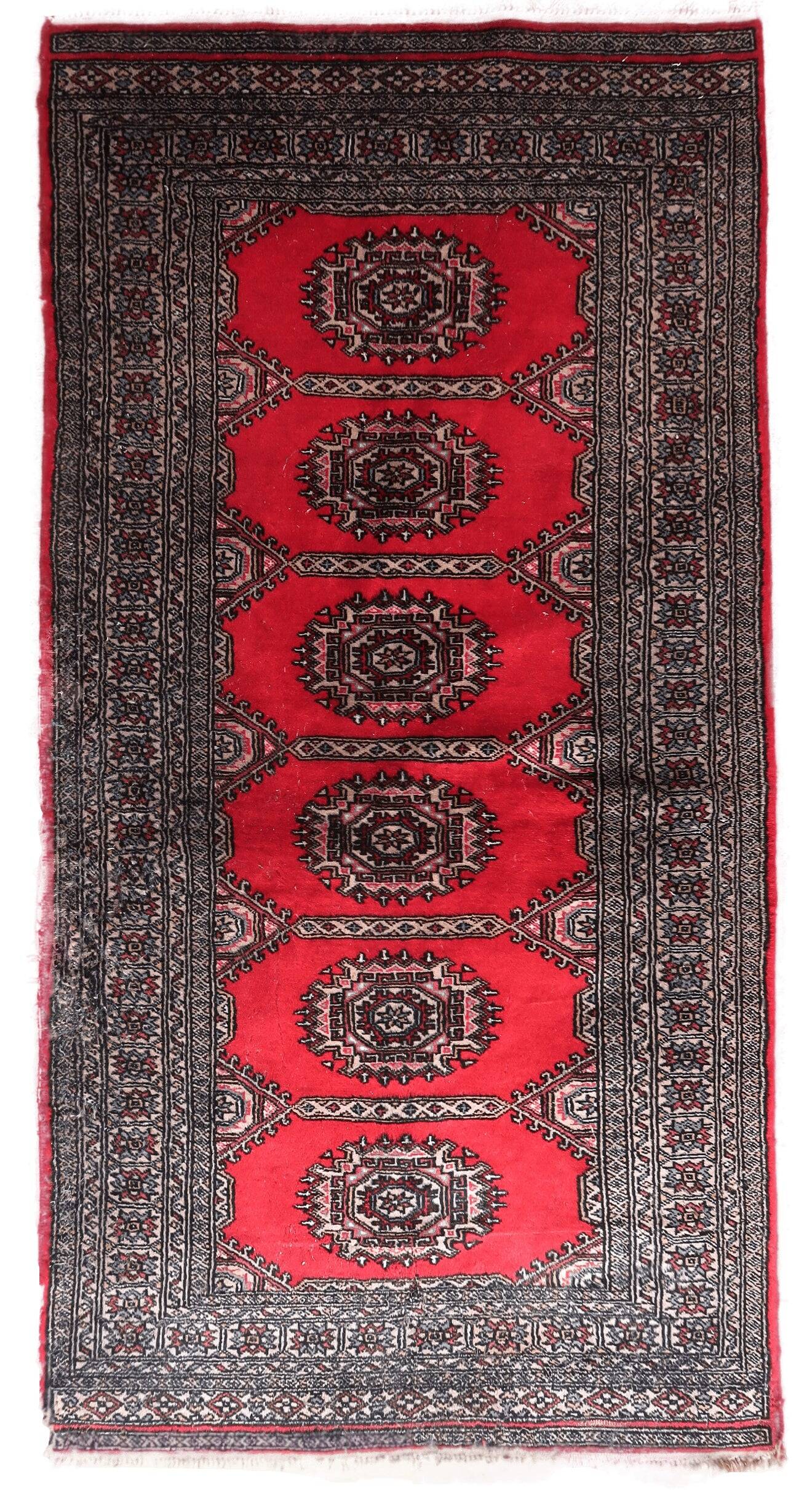 Handmade vintage Uzbek Bukhara rug 92cm x 186cm, 1960s