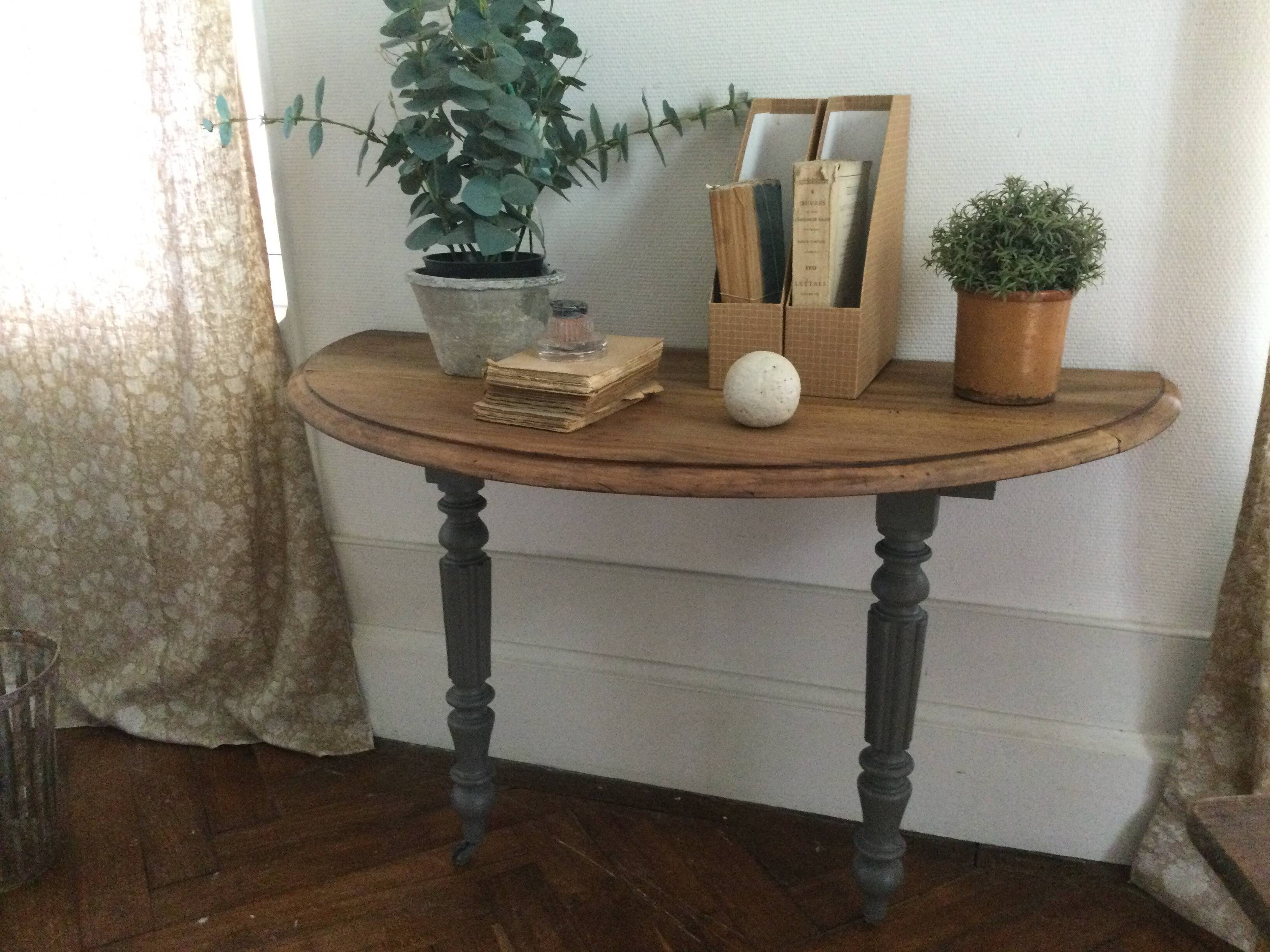 Antique painted wooden half-moon console table