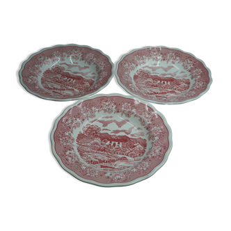 3 deep plates with red English Landscape pattern