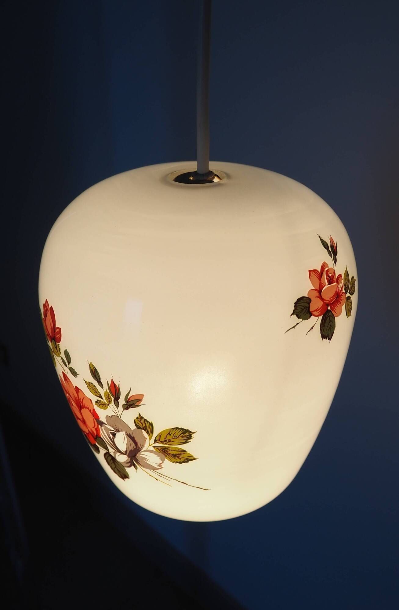 White opaline pendant lamp bouquets of roses from the 1970s.
