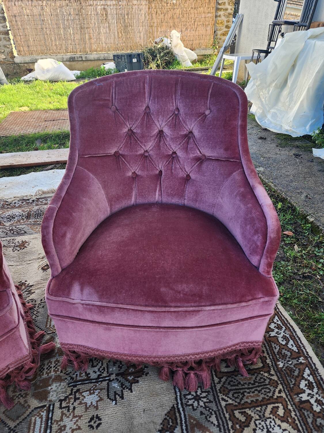 Pair of pink velvet toadstool armchairs