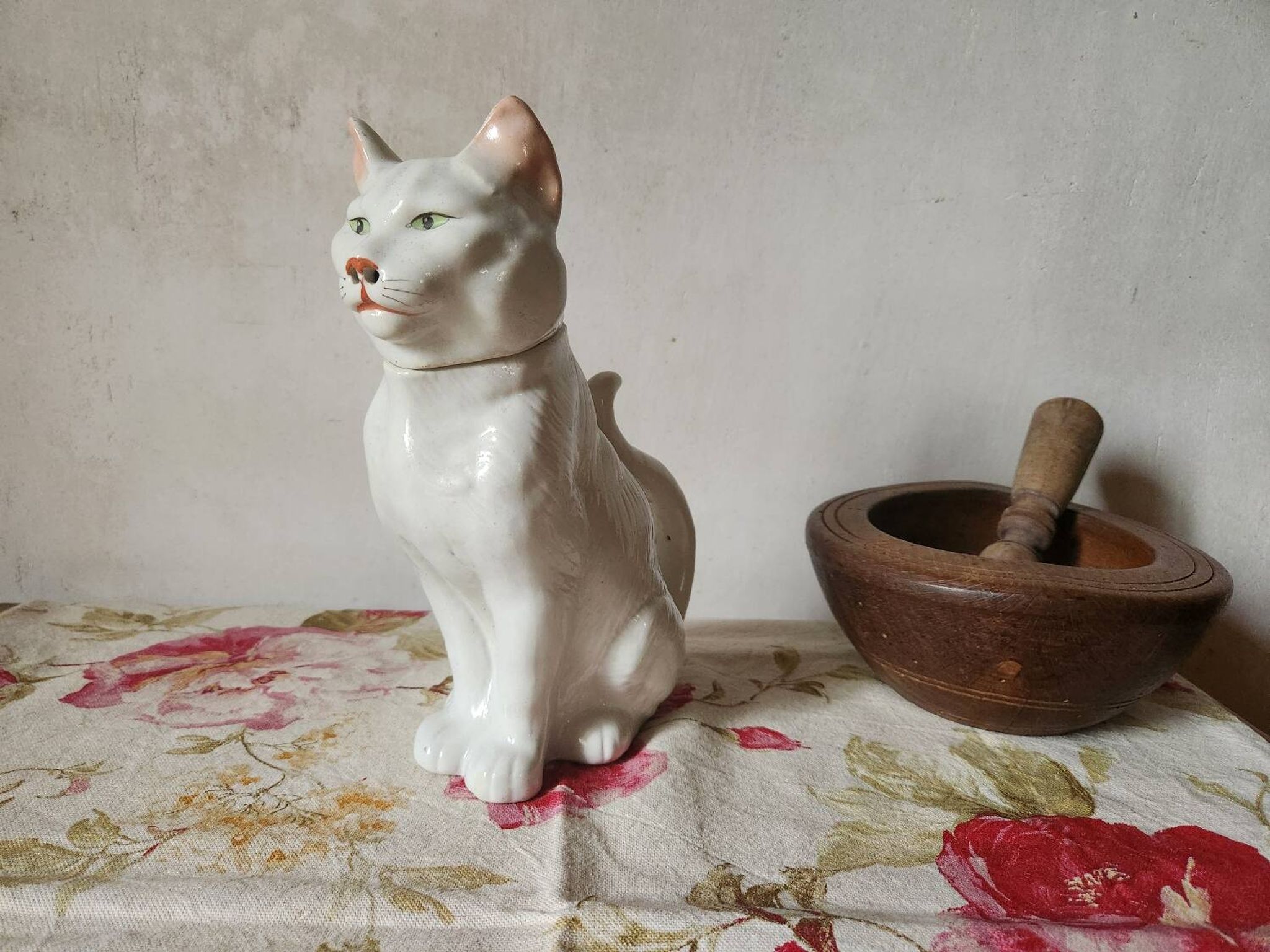 Carafe à chat absinthe en majolique george dreyfus antique vers 1900 avec tête et poignée de queue amovibles