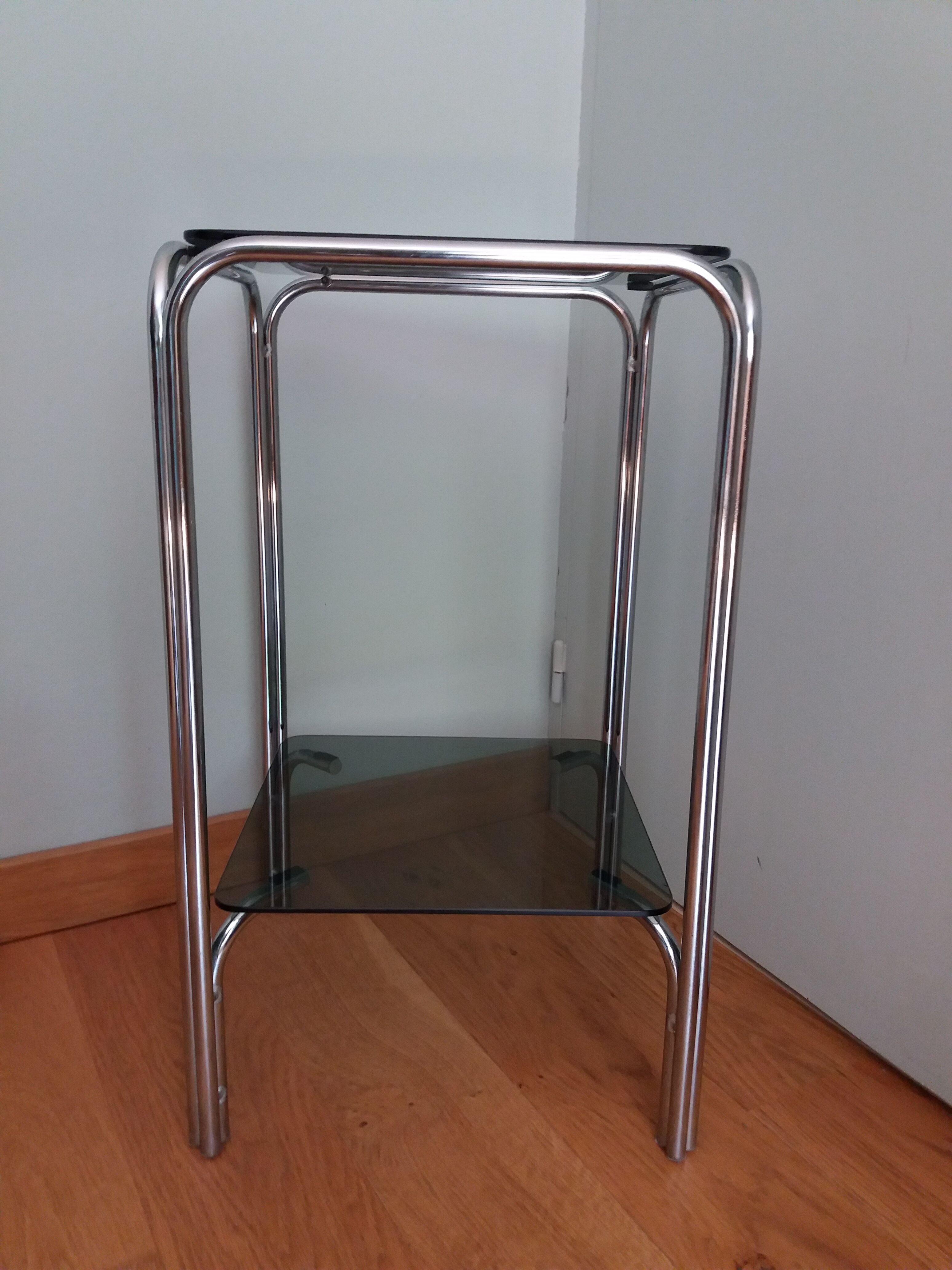 Console end table in chrome metal and smoked glass Space Age