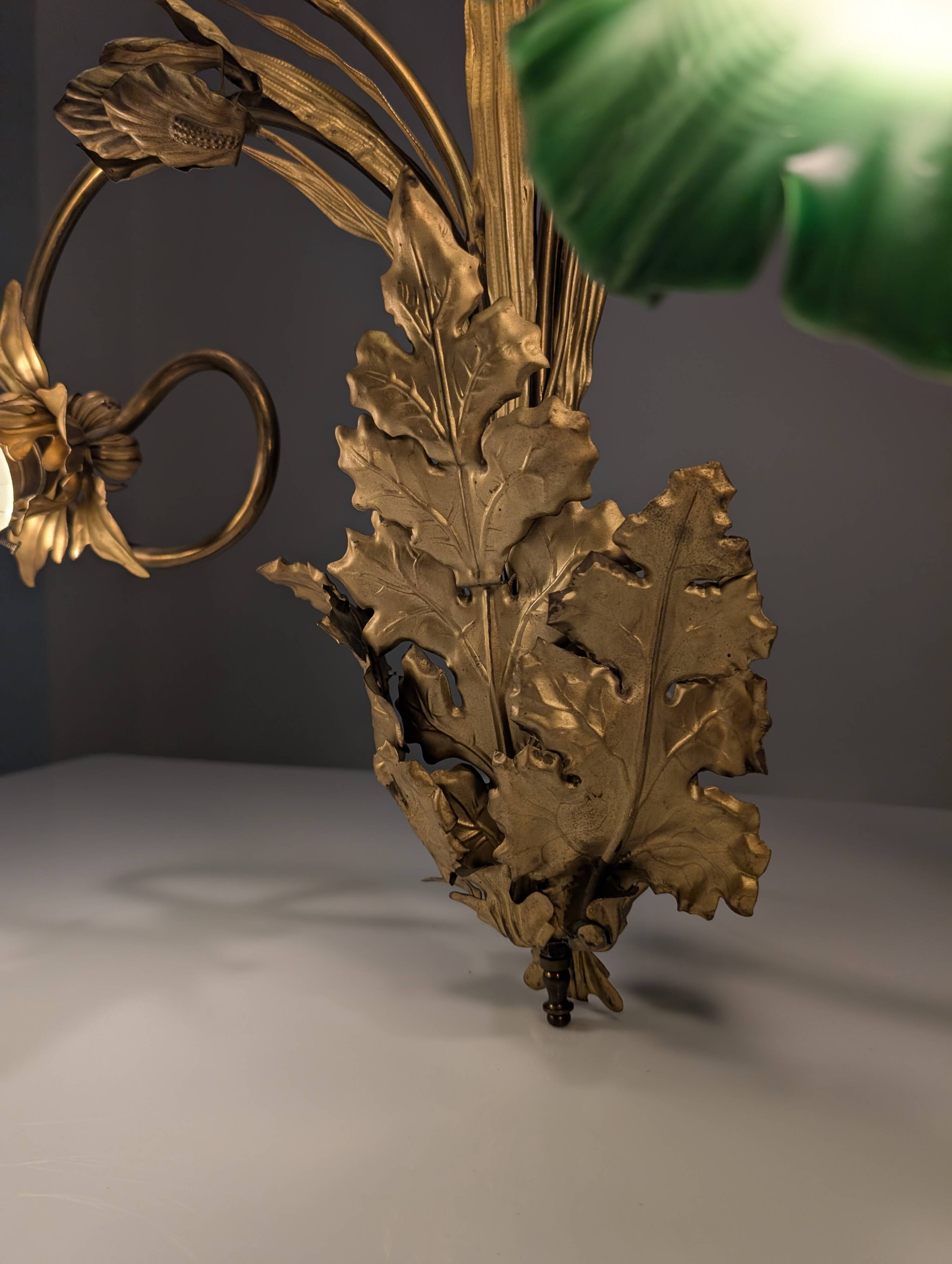 Art Nouveau Chestnut Leaf and Green Glass Sconce, 1900s