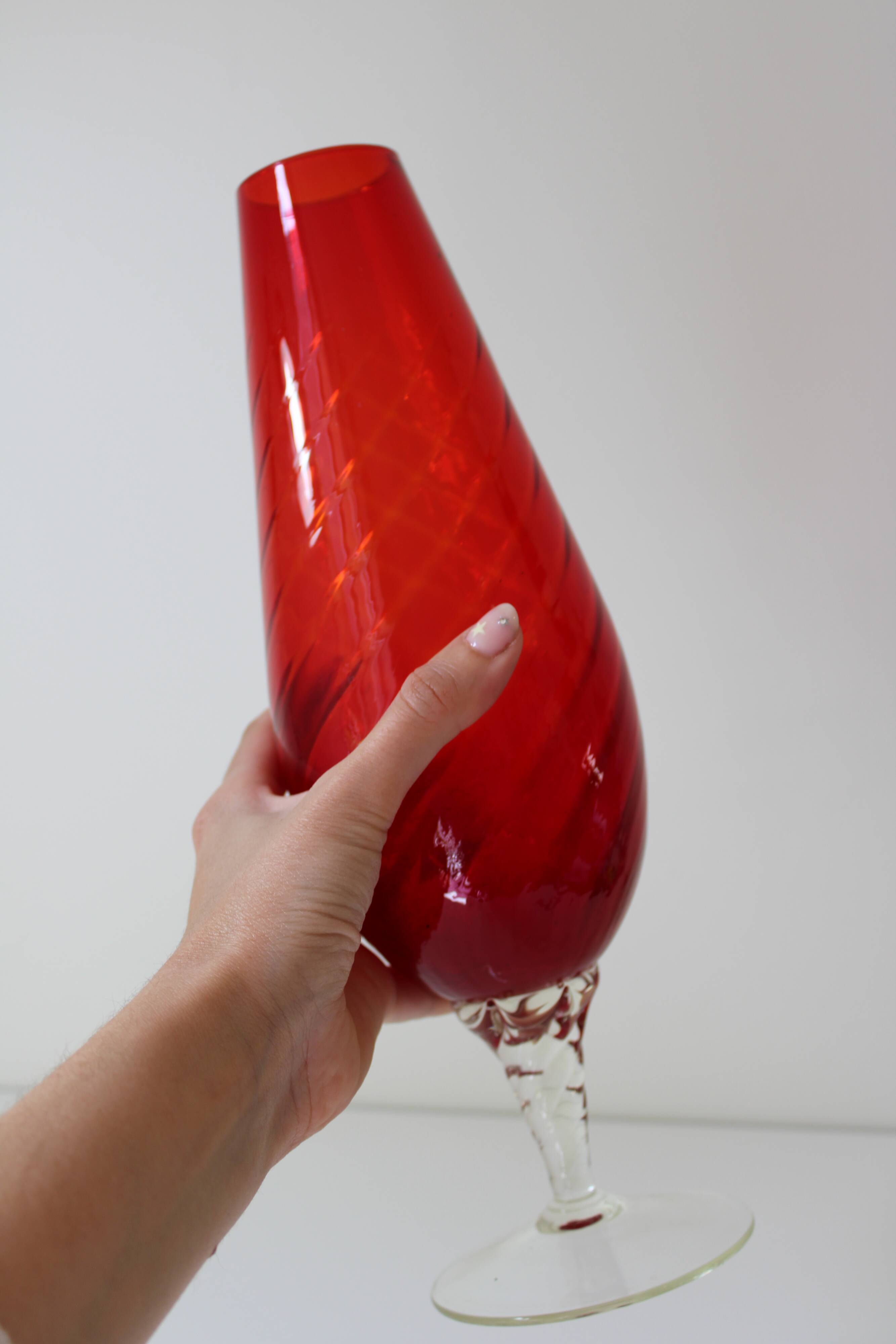 Large vintage twisted red glass vase