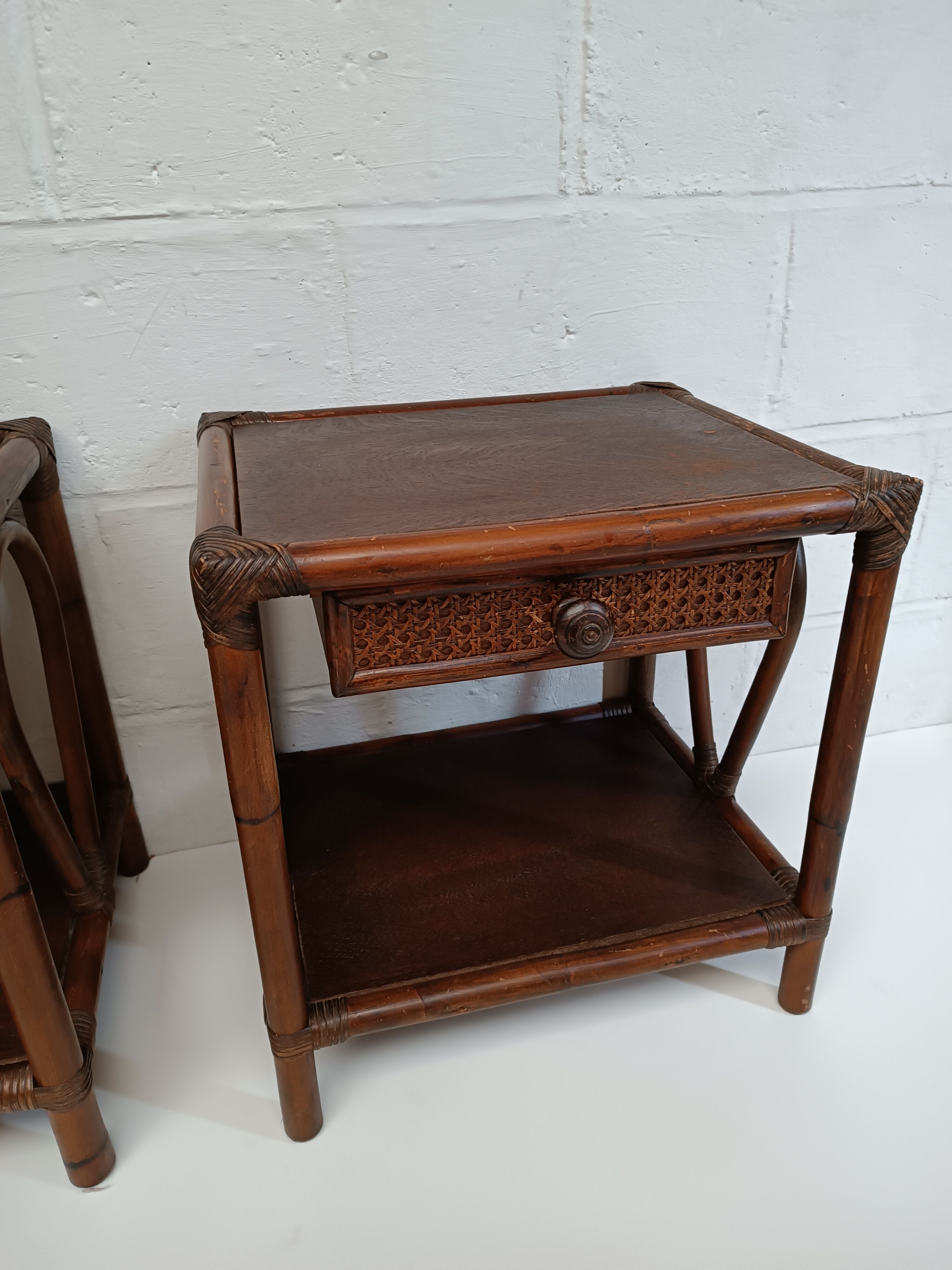 Pair of wooden bedside tables, bamboo and canning