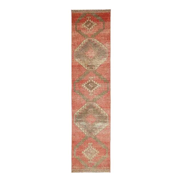 Vintage Turkish Hand-Knotted Wool Cotton Red Runner Rug 85x386