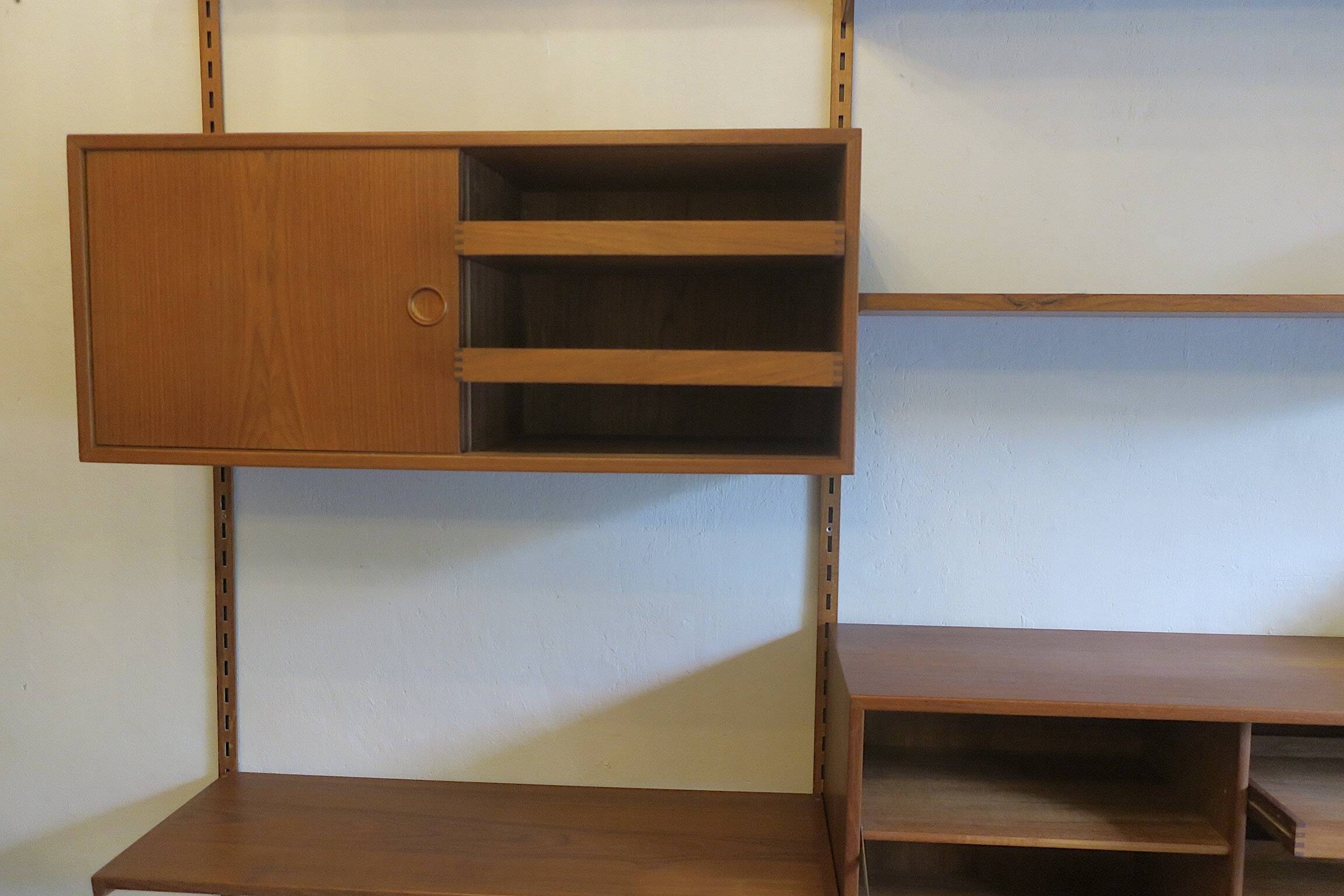 Modular 3-compartment teak wall shelving system with desk and lighting by Kai Kristiansen for FM, Denmark, 1960s