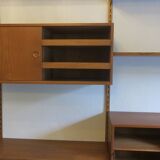 Modular 3-compartment teak wall shelving system with desk and lighting by Kai Kristiansen for FM, Denmark, 1960s