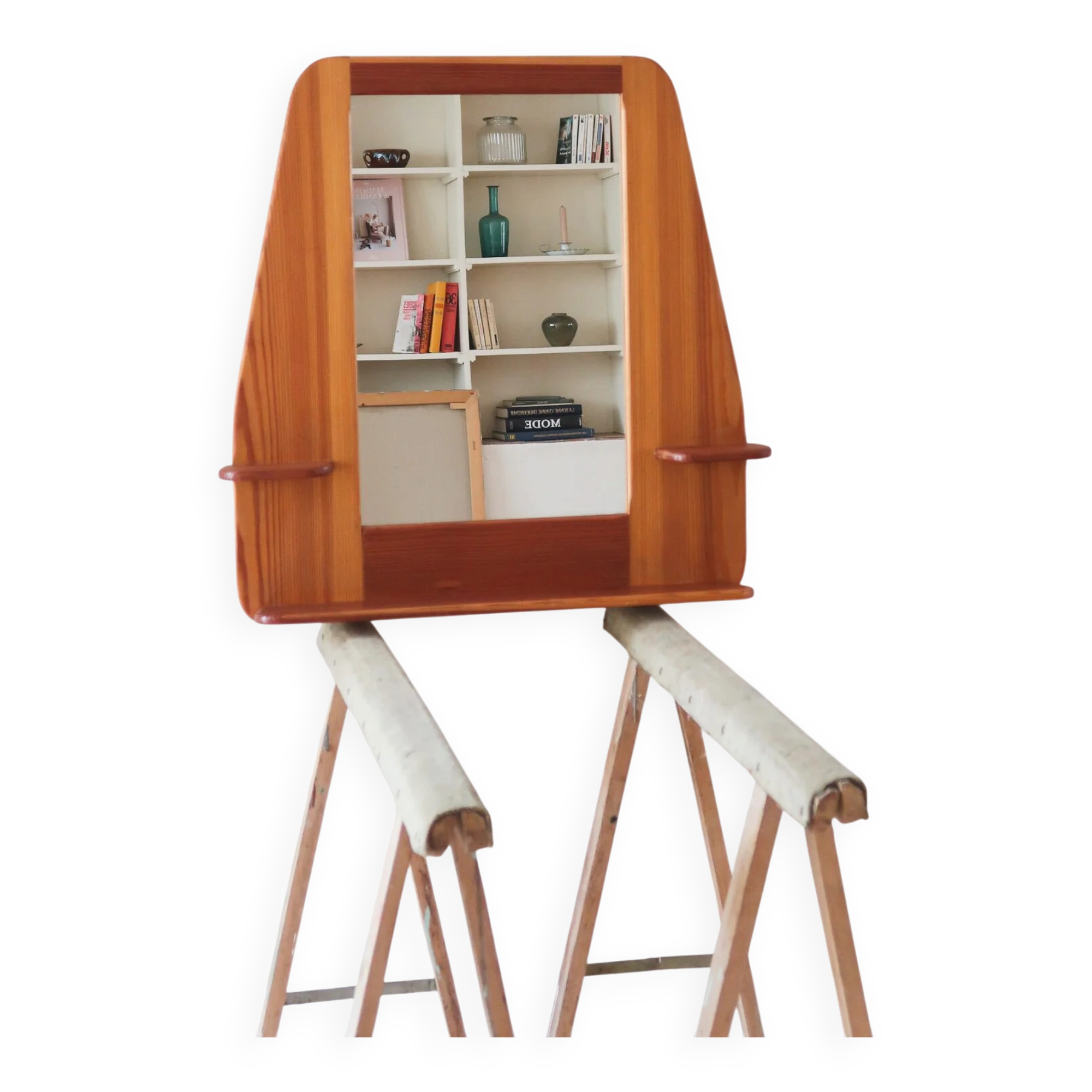 Wall mirror with a solid pine frame, integrated shelf.