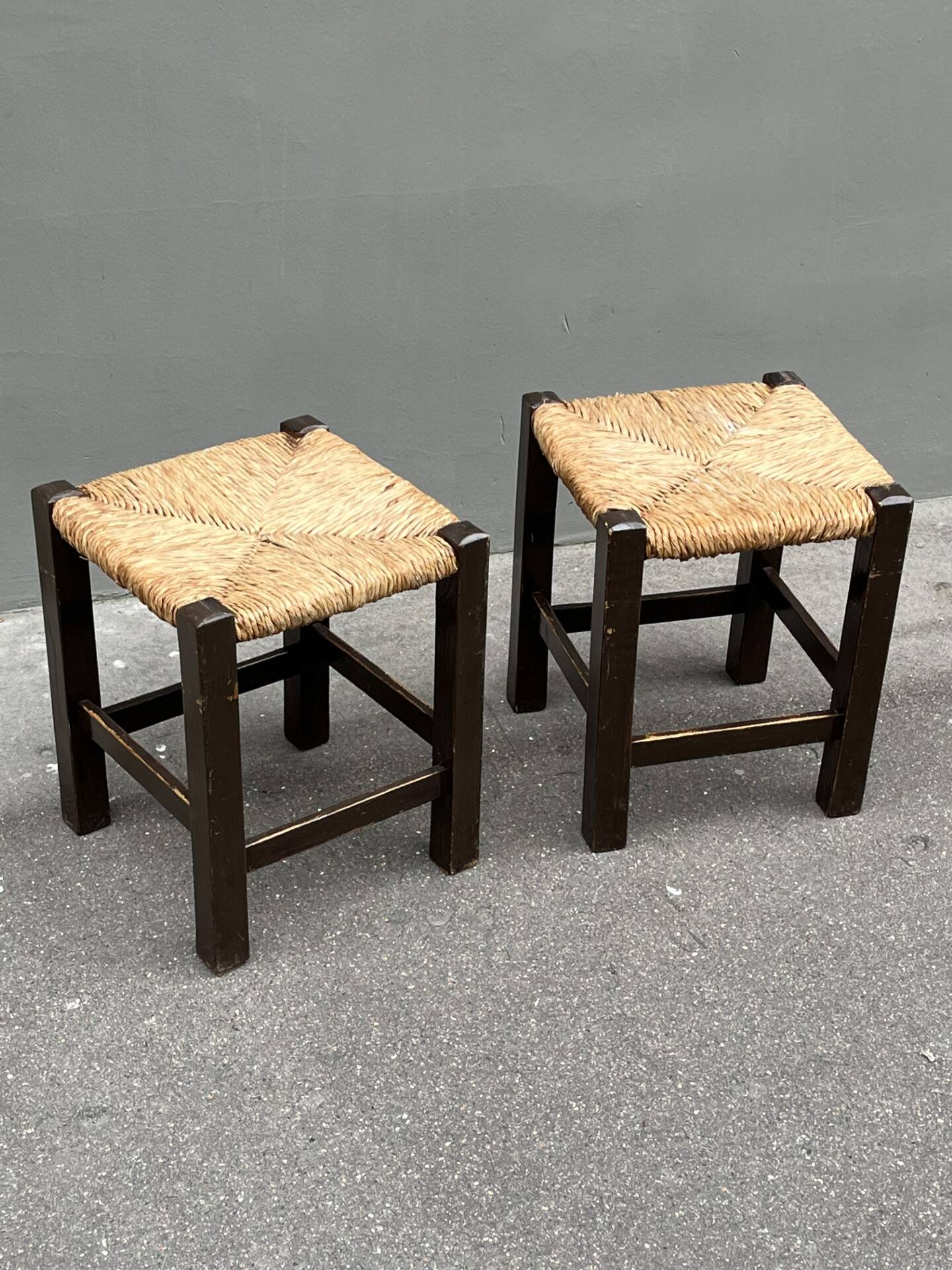 Pair of vintage straw-seat stools