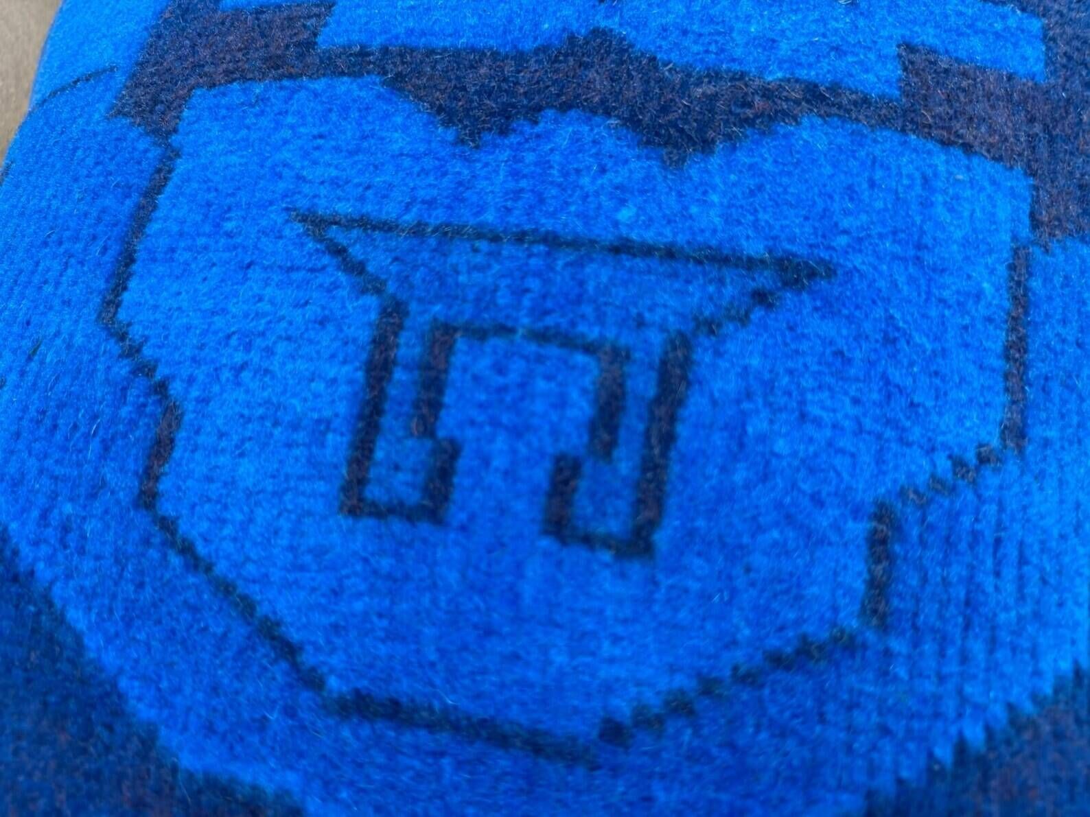 Vintage Turkish Rug Cushion, Handmade Electric Blue Geometric Wool Pillow