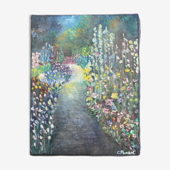 Peinture sur toile chemin fleuri façon impressioniste
