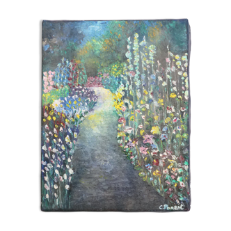 Peinture sur toile chemin fleuri façon impressioniste