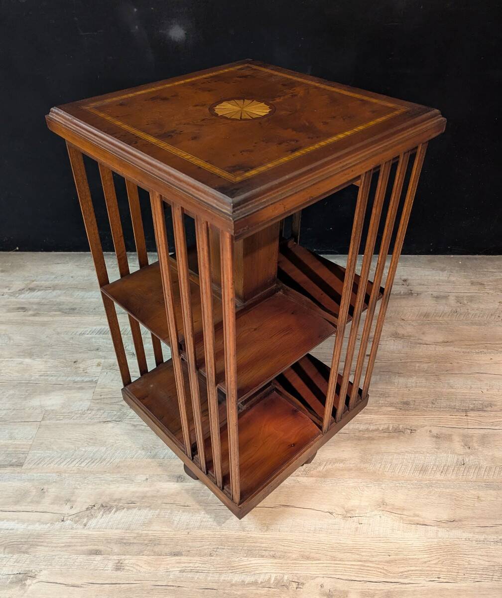 English rotating library in mahogany and marquetry